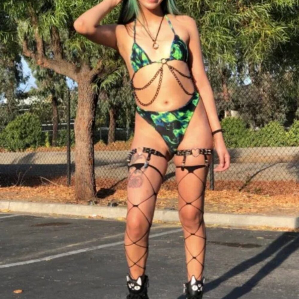 NEW Sexy Green Flame Chain Bikini - Festival Rave Fit